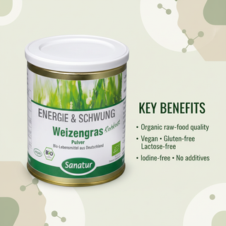 Sanatur Organic Wheatgrass Powder with key benefits wording on an abstract nutrition background