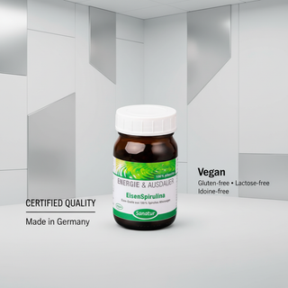 Sanatur IronSpirulina with certification wording and no tablet objects
