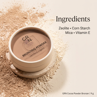 GRN Cocoa Powder bronzer 9 g with zeolite, corn starch, mica and vitamin E ingredient highlights