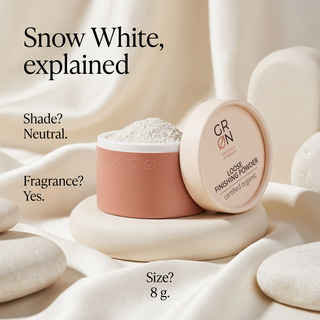 GRN Snow White powder FAQ: neutral shade, contains fragrance, 8 g