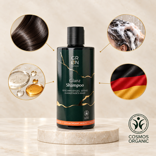 GRN Gloss Shampoo with visual details of shine, lather, formula textures and German origin