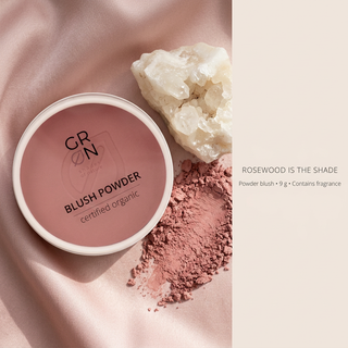 GRN Rosewood blush FAQ: Rosewood is the shade, 9 g powder blush contains fragrance