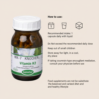 Sanatur Vitamin K2 MK-7 daily use, storage and anticoagulant caution