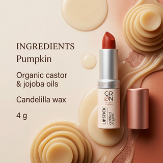 GRN Pumpkin lipstick ingredients: organic castor and jojoba oils and candelilla wax