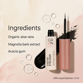 GRN Liquid Eyeliner 3 ml with organic aloe vera, magnolia bark extract and acacia gum on a cream and blush background.