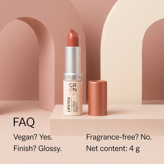 GRN Rose lipstick FAQ vegan glossy fragranced formula net content 4 g