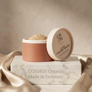GRN loose finishing powder with COSMOS Organic and Made in Germany text