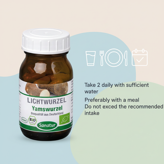 Sanatur Organic Yam Root product image with abstract daily routine, water and meal background