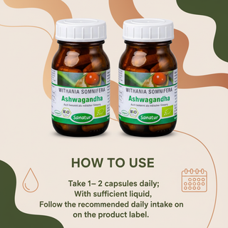 Sanatur Organic Ashwagandha KSM-66 bundle with usage guidance