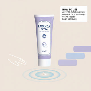 Lavender Ointment how to use visual with clean dry skin, massage until absorbed and daily skin care wording