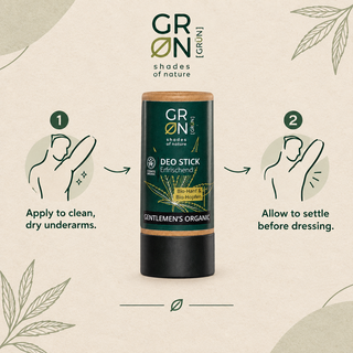 Apply GRN For Men deodorant stick to clean dry underarms and allow to settle before dressing
