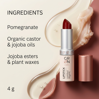 GRN Pomegranate lipstick ingredients: organic castor and jojoba oils, jojoba esters and plant waxes