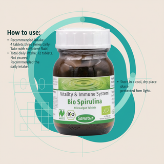 Sanatur BioSpirulina Naturland daily intake and storage guidance