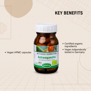 Sanatur Organic Ashwagandha with key benefits wording on an abstract quality background