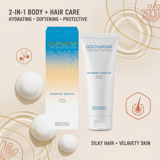 Gold Argan shower gel and shampoo 200ml benefits: 2-in-1 body and hair care, hydrating, softening and protective