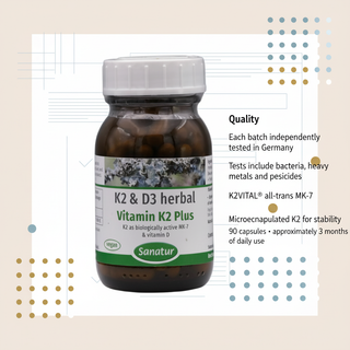 Sanatur Vitamin K2 Plus D3 K2VITAL quality and German batch testing information