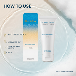 How to use Gold Argan shower gel and shampoo 200ml: apply to body and scalp, massage gently, leave for a few minutes and rinse