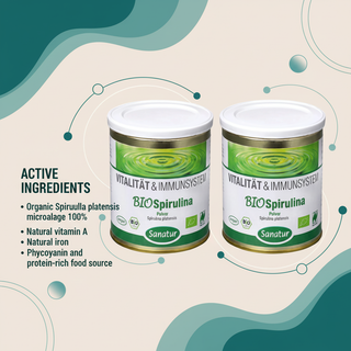 Sanatur BioSpirulina Naturland bundle with active ingredient information