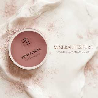 GRN Rosewood blush powder with zeolite, corn starch and mica ingredient text