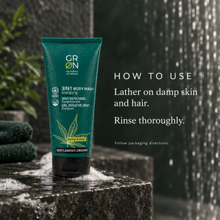 GRN For Men body wash — lather on damp skin and hair and rinse thoroughly