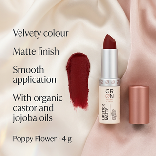 GRN Poppy Flower 4 g matte lipstick with a red colour swatch and velvety finish and smooth application benefits.