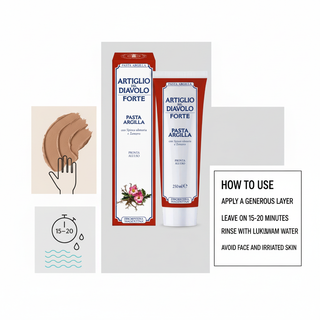 Devil's Claw Forte Clay Paste how to use visual with apply a generous layer, leave 15 to 20 minutes, rinse with lukewarm water and avoid face and irritated skin