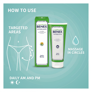Anticellulite Natural Benex Gel 200ml usage guide: targeted areas, massage in circles, daily morning and evening