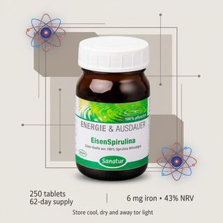 Sanatur IronSpirulina with dosage and storage wording and no tablet objects