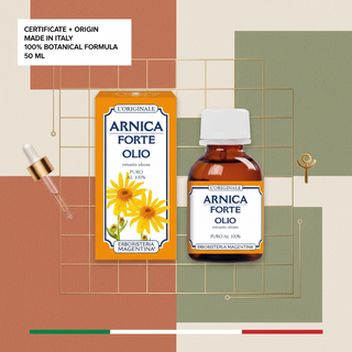 Pure Arnica Oil certificate and origin visual with Made in Italy, 100 percent botanical formula and 50 ml wording