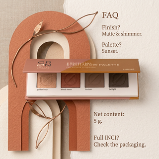 GRN Sunset eyeshadow palette FAQ matte and shimmer finishes net content 5 g