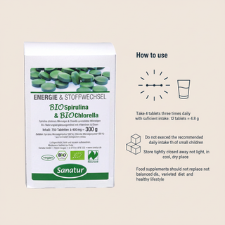 Sanatur BioSpirulina and BioChlorella daily intake and storage instructions