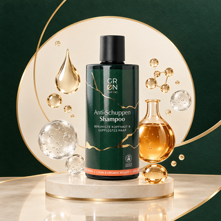 GRN Anti-Dandruff Shampoo 300 ml with abstract liquid and gel ingredient illustrations