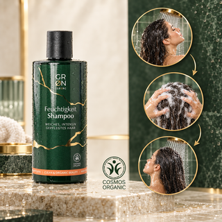 GRN Moisture Shampoo application showing wet hair, massaging lather and thorough rinsing