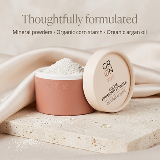 GRN Snow White finishing powder with mineral powders, organic corn starch and argan oil information
