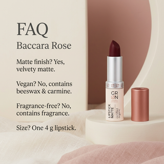 GRN Baccara Rose lipstick FAQ: matte finish, contains beeswax, carmine and fragrance, one 4 g lipstick