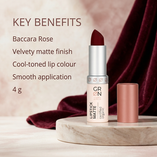 GRN Baccara Rose lipstick key benefits: velvety matte finish, cool-toned colour and smooth application