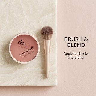 GRN Pink Watermelon blush beside a brush with cheek application and blending instructions
