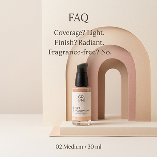 GRN Soft Foundation 02 Medium FAQ light coverage radiant finish contains fragrance 30 ml