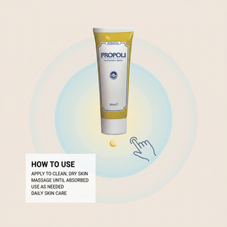 Propolis Ointment how to use visual with clean dry skin, massage until absorbed and daily skin care wording