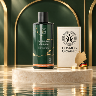 GRN Moisture Shampoo with COSMOS Organic mark and German origin illustration