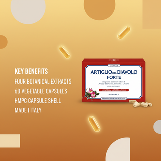 Devils Claw Forte Capsules 60 caps key benefits: four botanical extracts, 60 vegetable capsules, HPMC capsule shell and Made in Italy