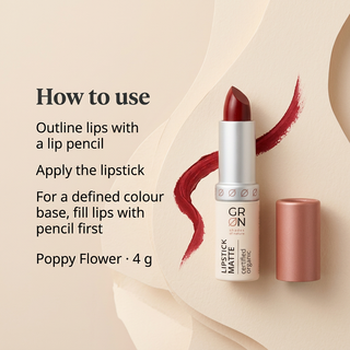 GRN Poppy Flower lipstick with English instructions to outline lips with a pencil and apply lipstick.