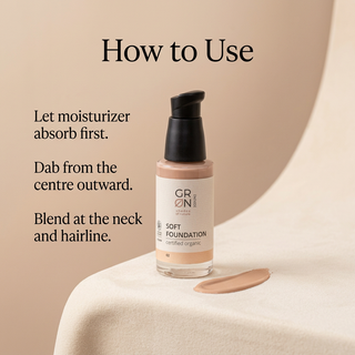 GRN Soft Foundation 02 application after moisturizer absorbs dab outward and blend