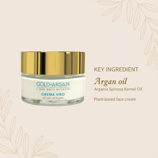 Gold Argan Face Cream with key ingredient callout for Argan oil and Argania Spinosa Kernel Oil