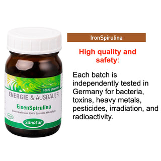 Bottle of IronSpirulina with text about quality and safety testing